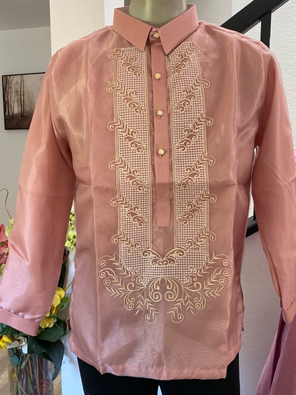 Men's Embroidered Dress Shirt in Dusty Rose